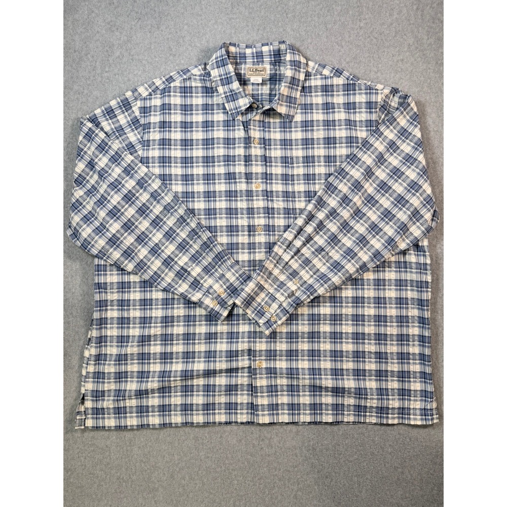 LL Bean Mens XXL Blue White Plaid Short Sleeve Button Down Shirt 100% Cotton